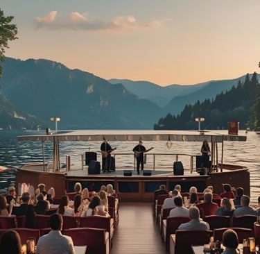a group of people sitting on a boat watching a live music performance