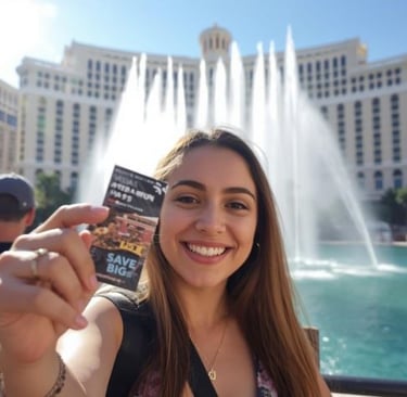 A smiling woman holding a Las Vegas attractions pass in front of the Bellagio Fountains.