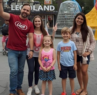 a family posing for a picture in front of a legoland