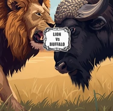 a lion and a buffalo are shown in this image