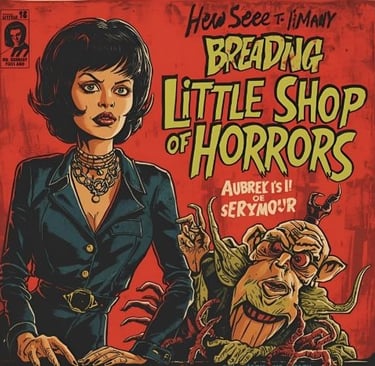 a poster about a woman in a suit with the sign “little horrors”