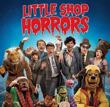 a group of people dressed in costumes for a musical with the sign “little horrors”