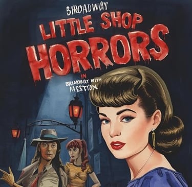 a woman in a blue dress and hat with a gun with the sign “little horrors”