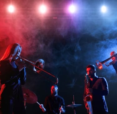 a band playing instruments in a concert
