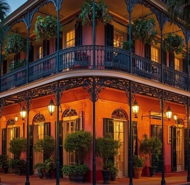 A historic New Orleans French Quarter building with wrought iron balconies and hanging ferns.