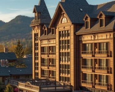 a large luxury hotel building with a clock tower in the background