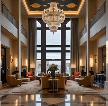a large room in a hotel with a chandelier 