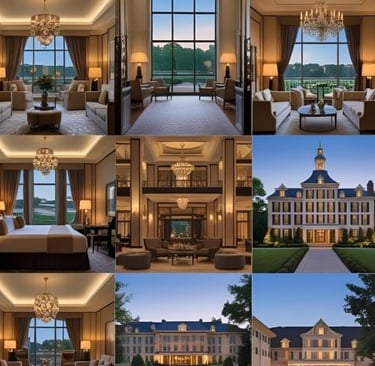 9 little photo’s inside and outside of a luxury hotel