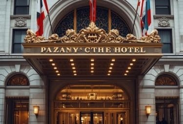 a hotel entrance with a large entrance to the hotel