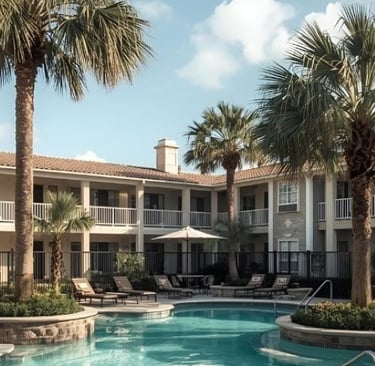 hotel with a pool and lounge chairs