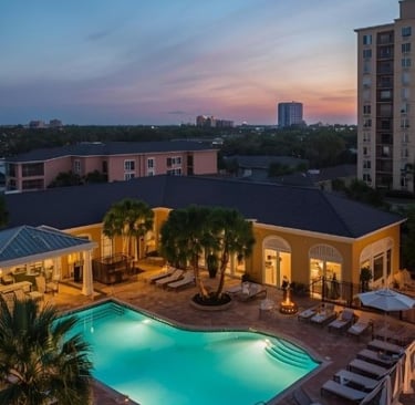 a pool with a view of a city skyline
