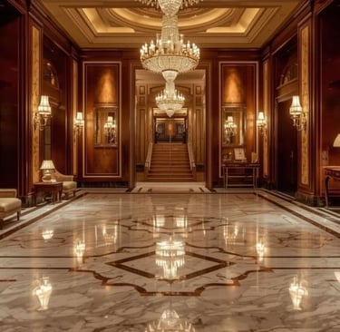 Grand luxury hotel lobby featuring polished marble floors and opulent crystal chandeliers.