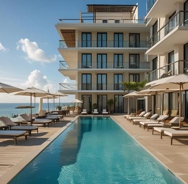 a pool with lounge chairs and umbrellas