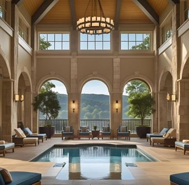 a pool in a luxury hotel with a chandelier and mountains in the background