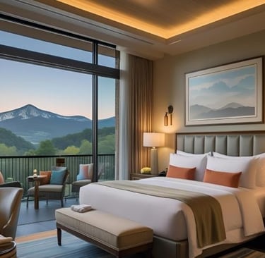 a bedroom with a large bed and a balcony