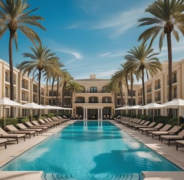 a pool with lounge chairs, palm trees and umbrellas