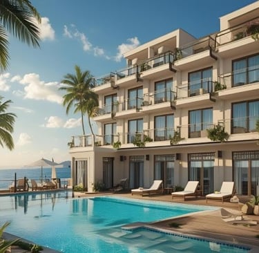 a hotel pool with a view of the ocean