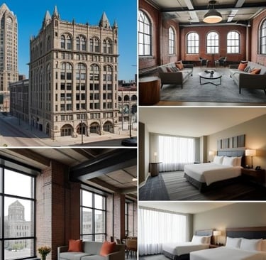 Luxury loft-style Detroit hotel from the inside and outside