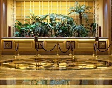 Luxury hotel lobby featuring polished marble floors, gold stanchions, and lush indoor palm trees.