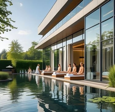 a group of people sitting on a pool