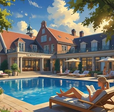 a woman sitting on a lounge chair in front of a large house