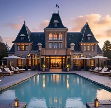 a large hotel with a pool and a pool