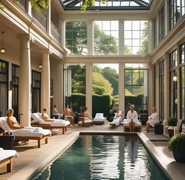 a group of people sitting around a pool