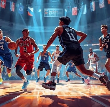 Professional basketball players competing on a brightly lit court during an intense arena game.