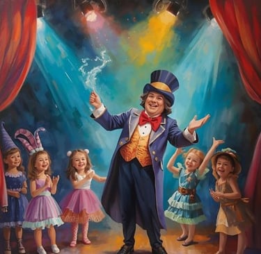 a painting of a magician with 5 happy children