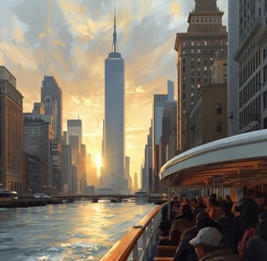 a boat on the water with people on it watching the architecture of nyc