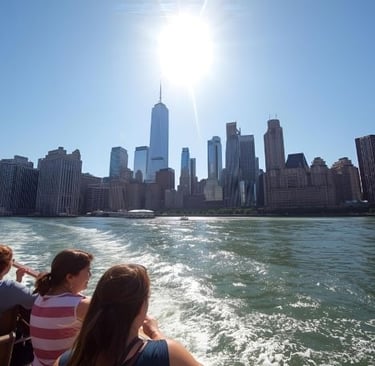 a group of people on a boat in the water watching the architecture of nyc