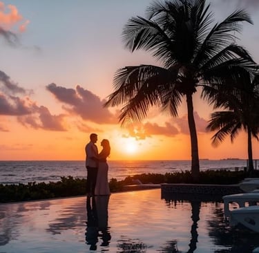 a couple standing in front of a sunset