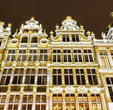 Illuminated guildhalls with ornate gold details in Middelburg at night.