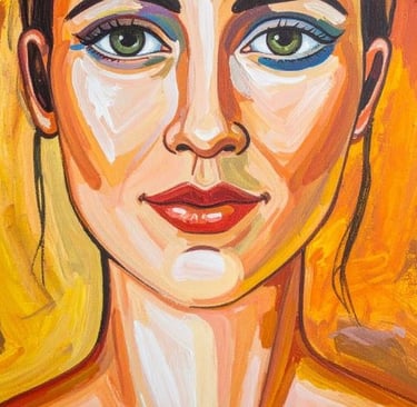a painting of a woman with a yellow background