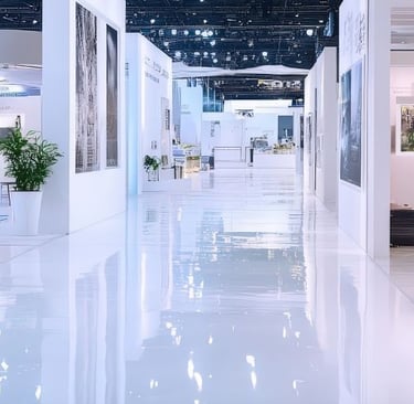 Polished white high-gloss flooring in a modern art gallery hallway with bright exhibition booths.
