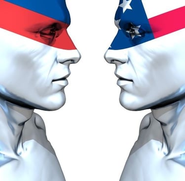 two men with their faces painted one with the american flag and one with the russian flag