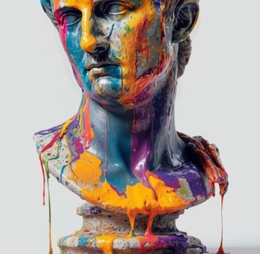 a sculpture of a bust of a man with a colorful paint covered head