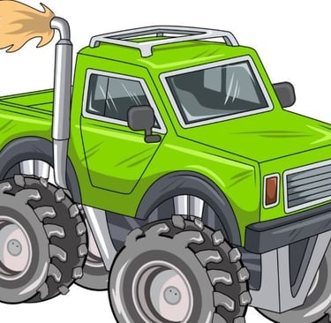 a cartoon monster truck with a flame on it