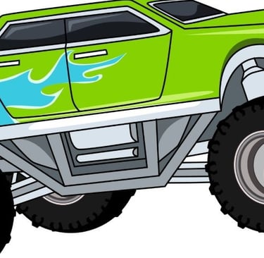 a cartoon monster truck with a green flame