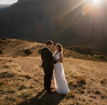 a bride and groom standing on a mountain top