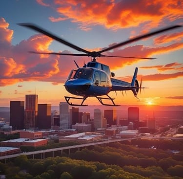 a helicopter flying over a city at sunset