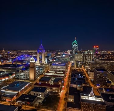 a city skyline view of a city at night