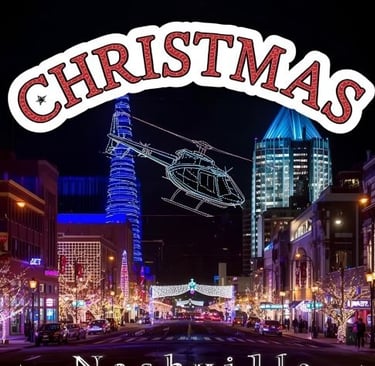 Festive Christmas lights and holiday decorations line Broadway in downtown Nashville at night.