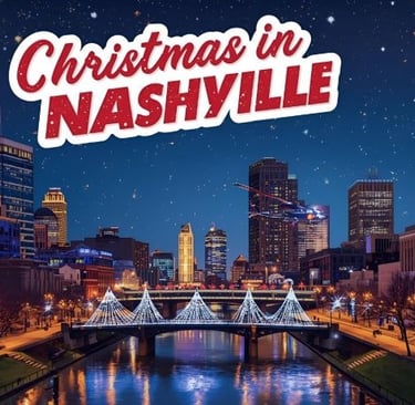 a christmas card with a christmas tree and a bridge over a river