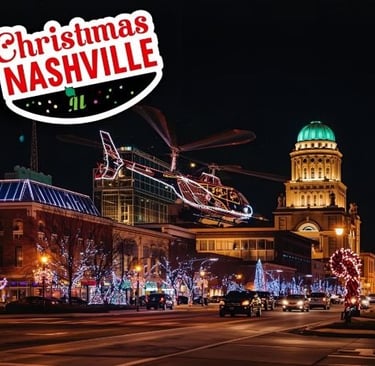 a helicopter flying over a city street with christmas lights