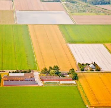 a farm with a barn and a barn in the background