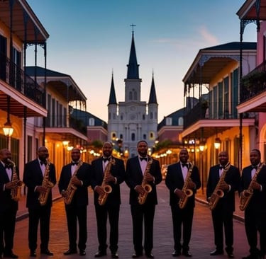 A jazz saxophone ensemble in tuxedos performing in front of St. Louis Cathedral in New Orleans at dusk.