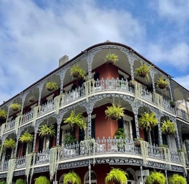 a building in new orleans with a bunch of plants on the side of it