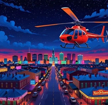 a helicopter flying over a city at night
