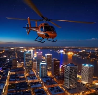 a helicopter flying over a city at night